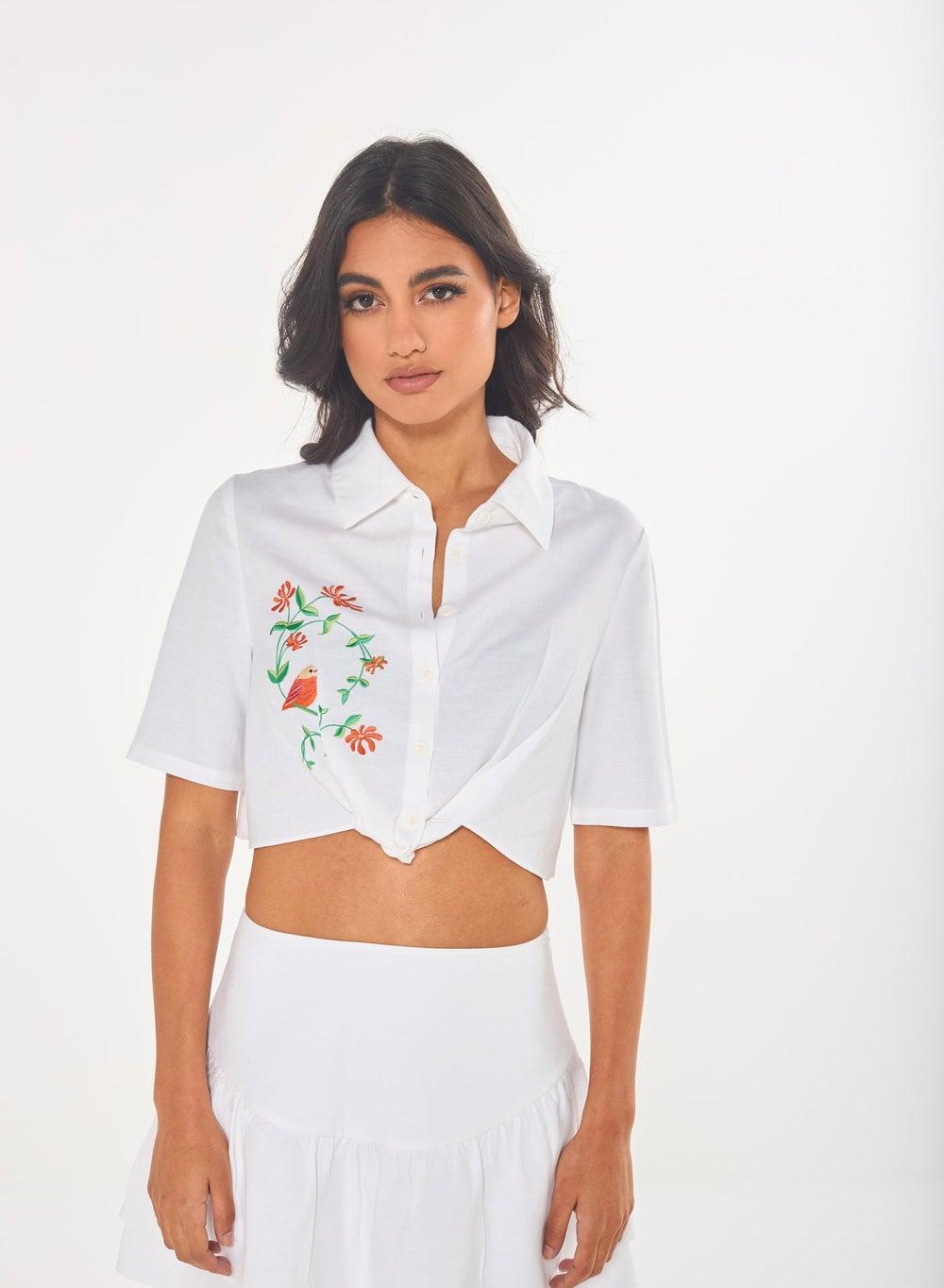 Embroidered Bird Cropped Cotton Blend Shirt - Image 1