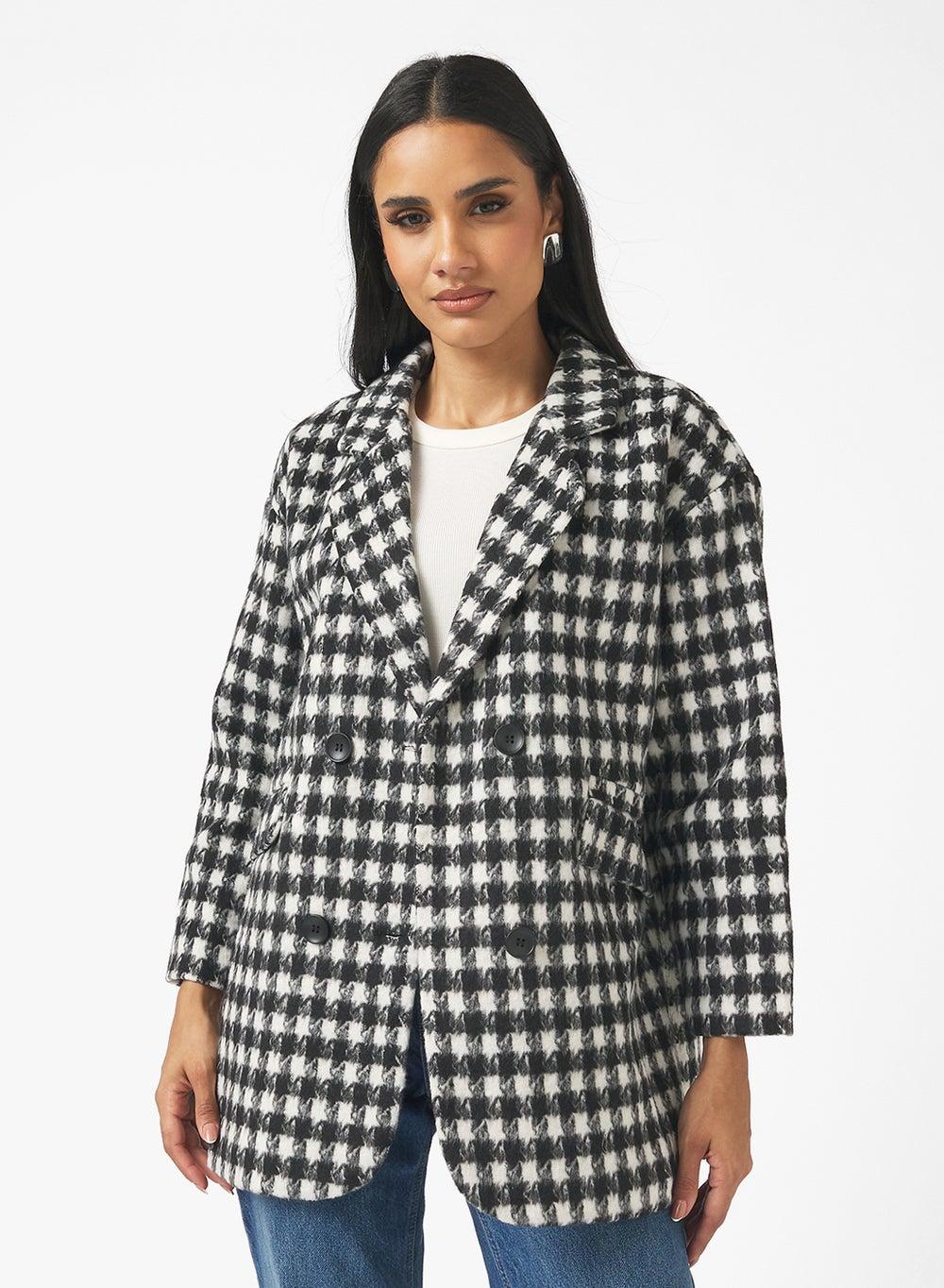 Woolen Longline Houndstooth Coat - Image 1
