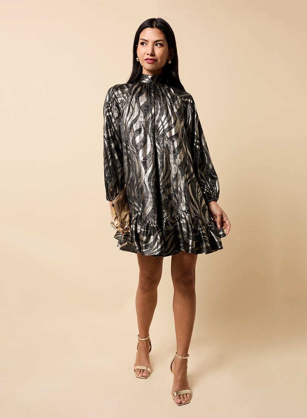 Black and Gold Foil Printed High Neck Mini Dress - Image 1