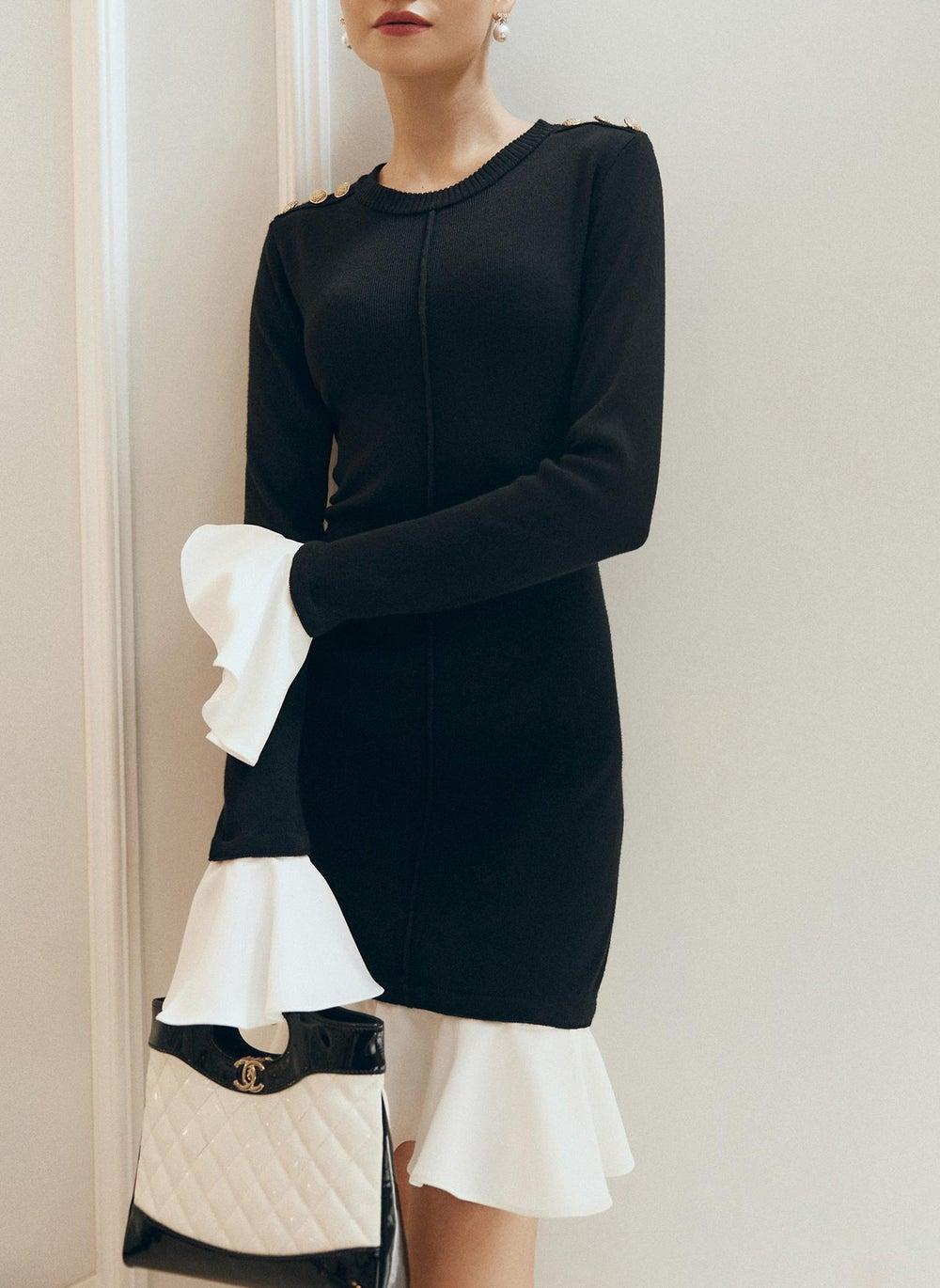 Mini Knitted Dress with Contrast Flounces and Gold Buttons - Image 1