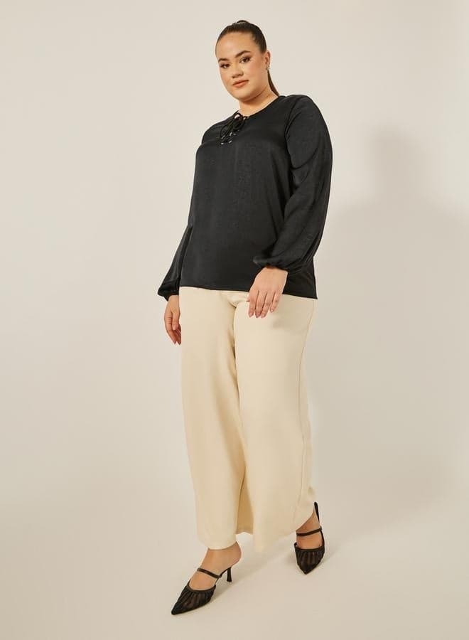 Plus Size Satin Balloon Sleeve Tie-Up Blouse - Image 1
