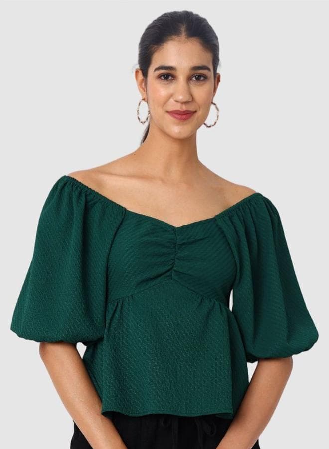 Freehand Dark Green Off-Shoulder Tie-Back Women’s Blouse - Image 1