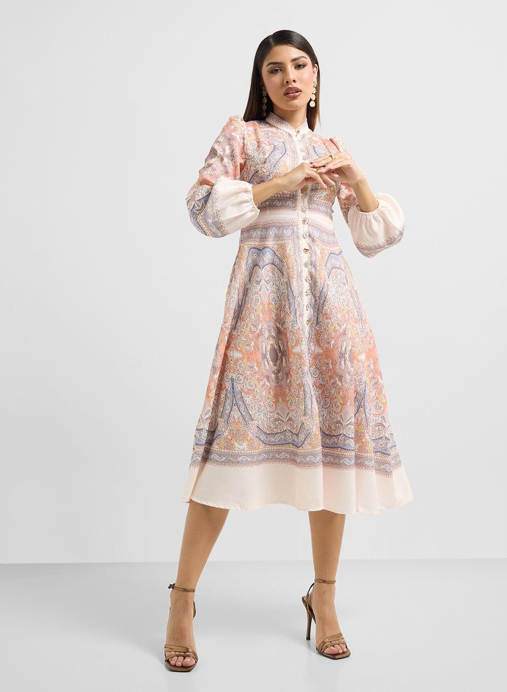 Paisley Print Midi Dress with Puff Sleeves - Image 1