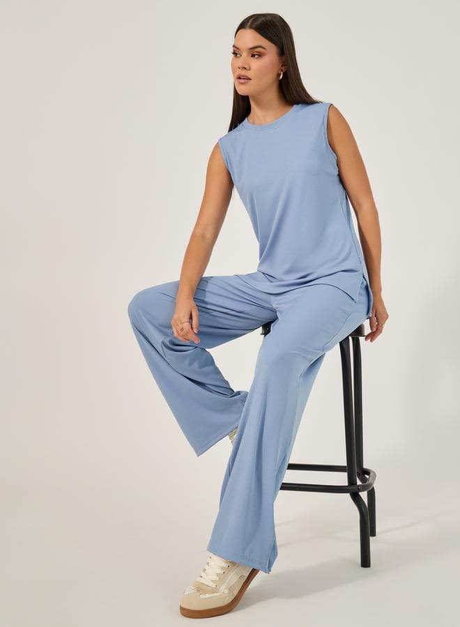 Sleeveless Rib Knit Top and Wide Leg Joggers Set - Image 1