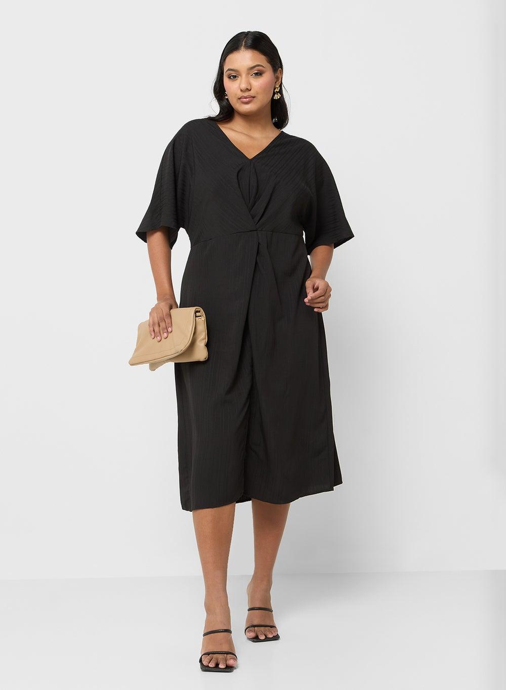 Black Striped Midi Dress with Cinched Waist - Image 1