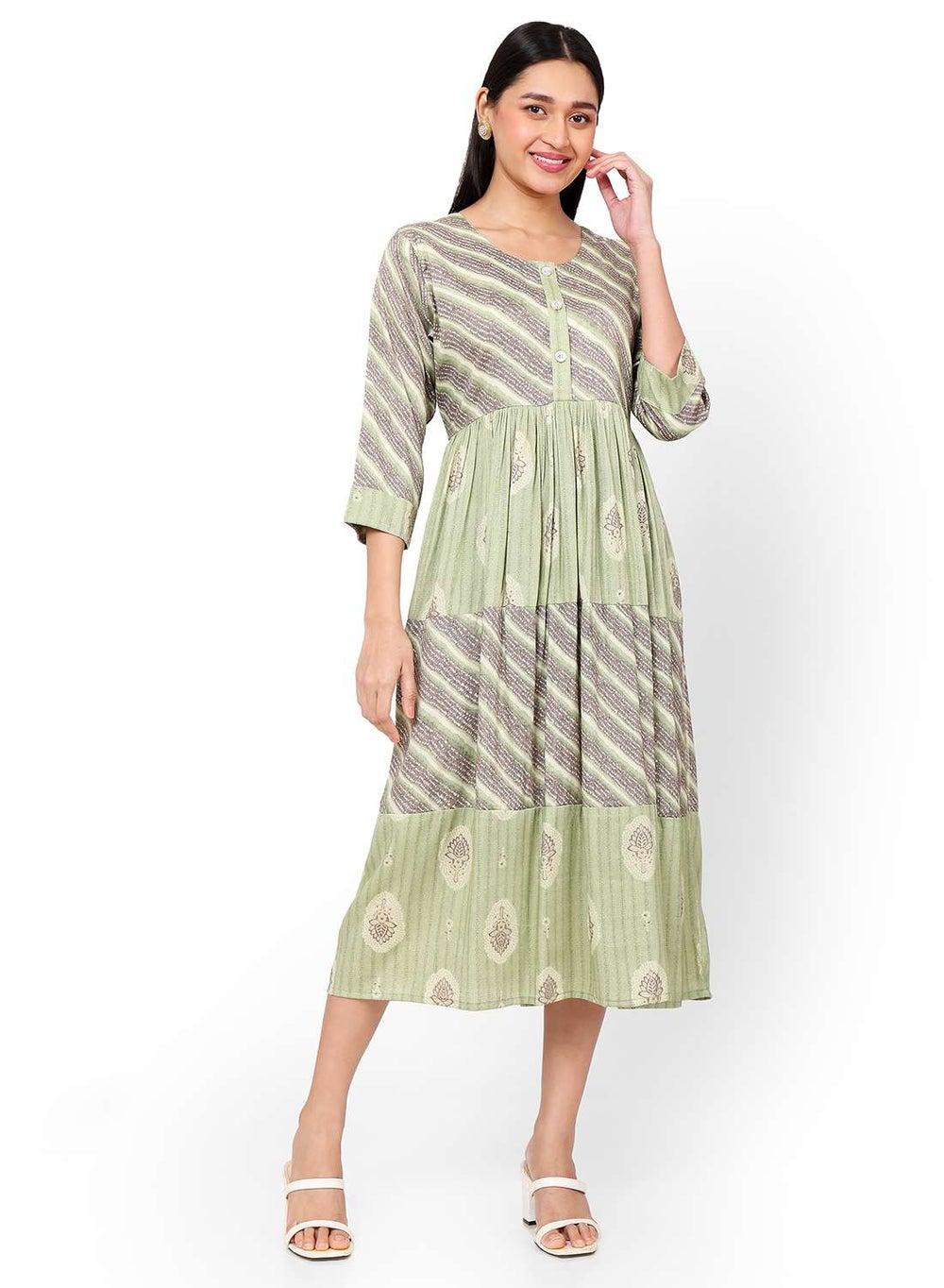 Floral and Strip Printed Front Buttoned Arabic Jalabiya Dress - Image 1