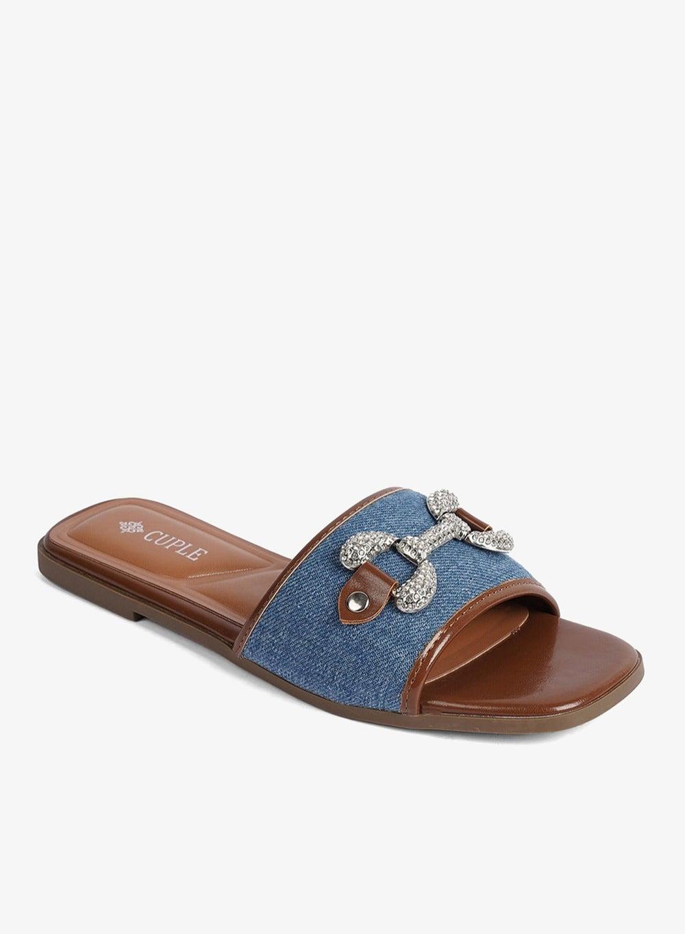 Slip-On Denim Flat Slide Sandals for Women - Image 1