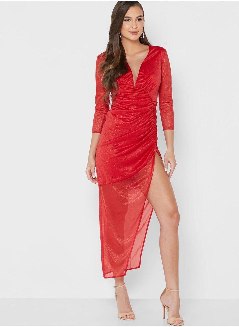 Red Sequin Ruched Midi Dress with Thigh Slit - Image 1
