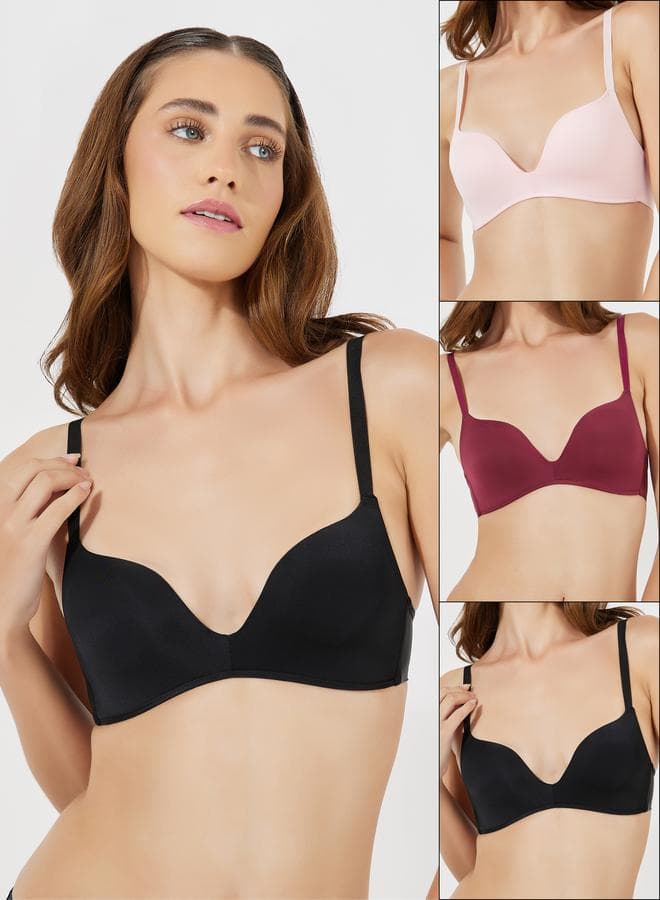 Pack Of 3 Solid Padded Non Wired Plunge Bras - Image 1