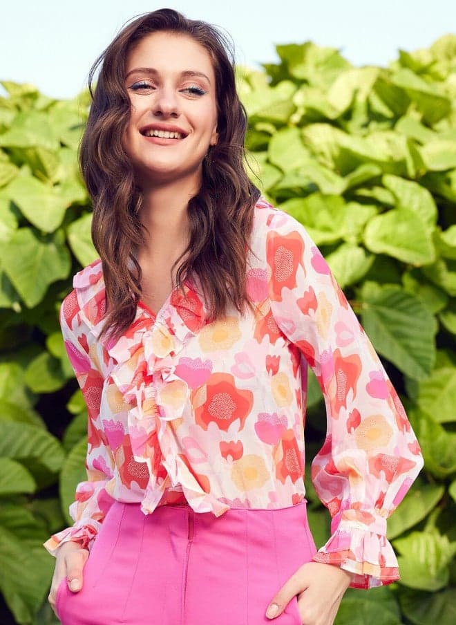 Pink Abstract V-Neck Ruffle Blouse for Women - Image 1