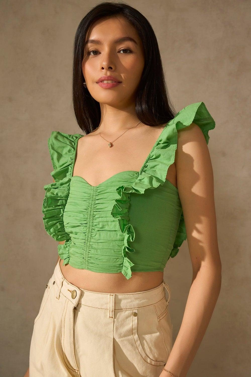 Green Floral Linen Ruffle Crop Top for Women - Image 1