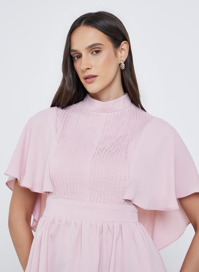 Styli Pleated High Neck Cape Sleeve Blouse - Image 1