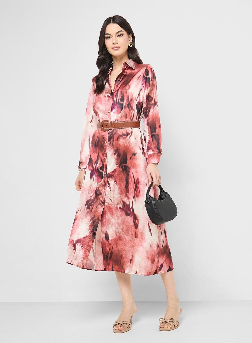 Blurred Floral Button Shirt Dress With Belt - Image 1