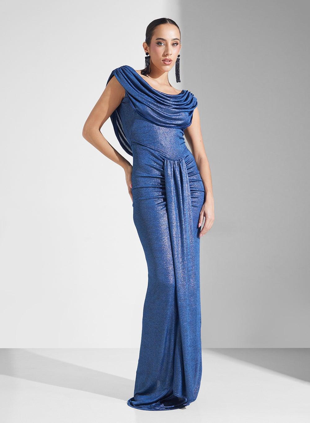 Draped Metallic Blue Maxi Gown - Image 1