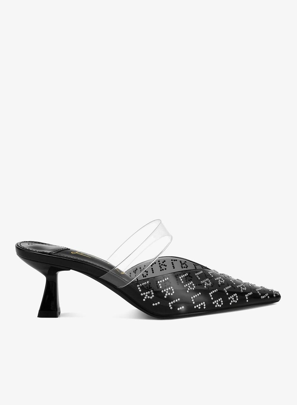 Black Pointed Toe Kitten Heel Sandals with Rhinestones - Image 1