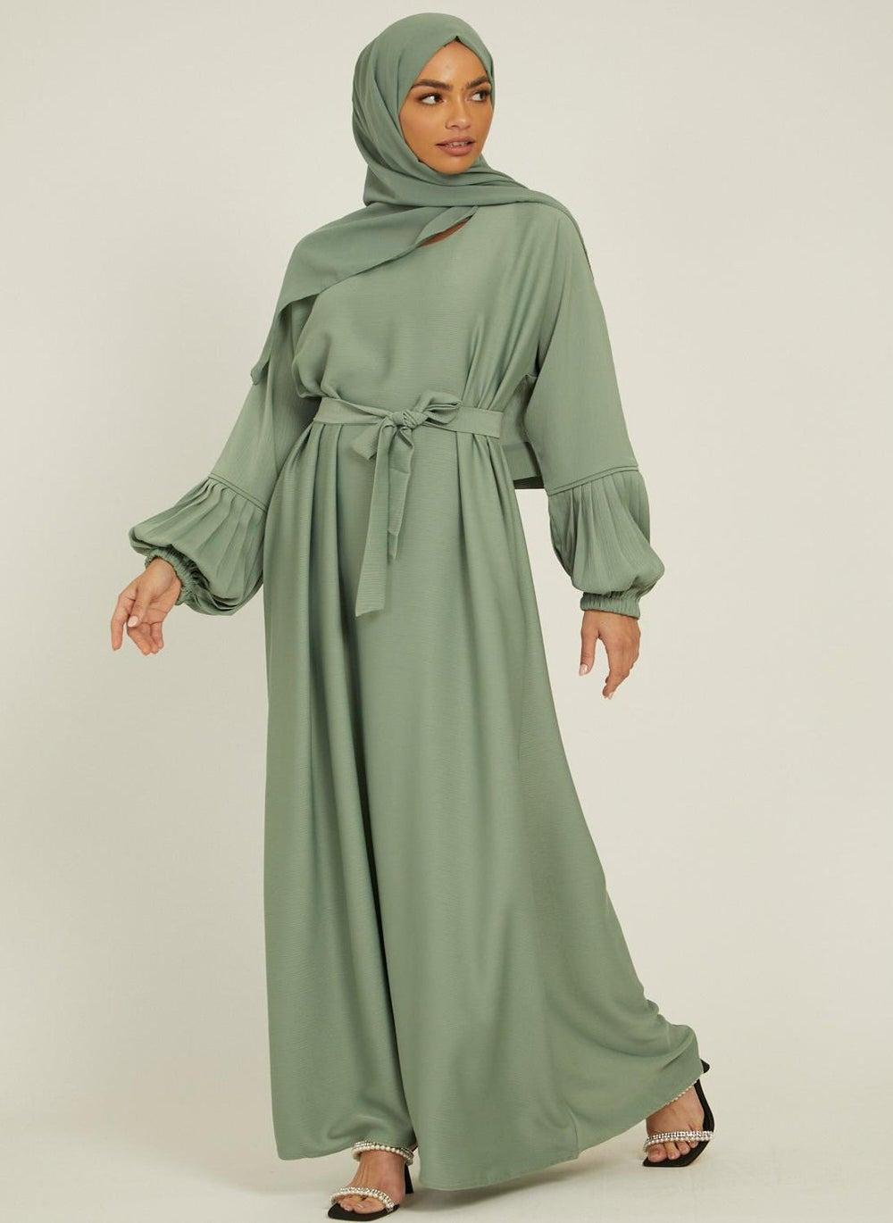 Elegant Green Plain Abaya with Belt and Hijab AB77 - Image 1