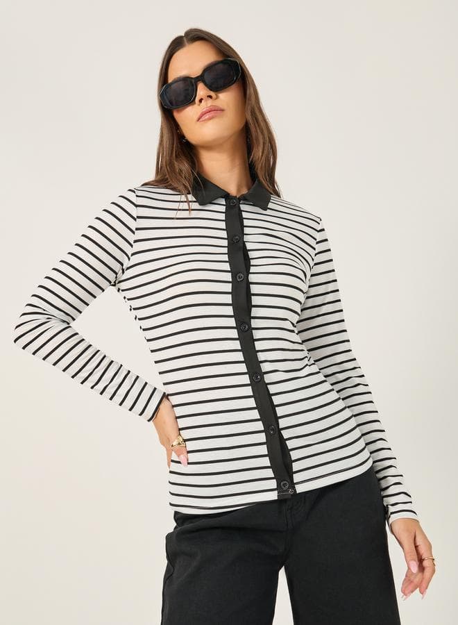 Striped Knit Top with Contrast Collar - Image 1