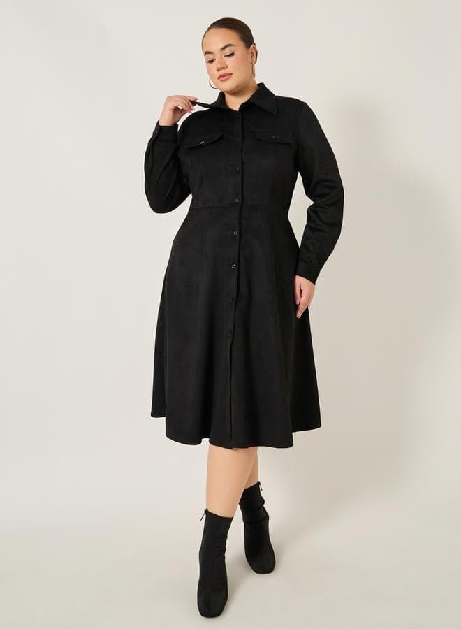 Collared A-Line Midi Dress with Front Buttons - Image 1