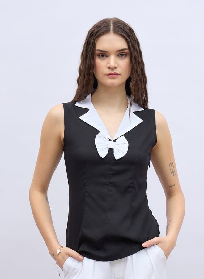 Contrast Notch Lapel Sleeveless Bow Detail Blouse - Image 1