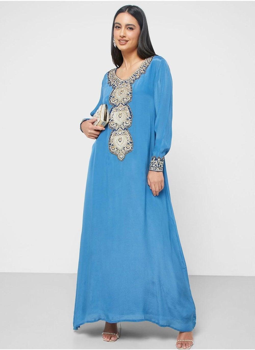 Printed Satin V Neck Jalabiya Dress - Image 1
