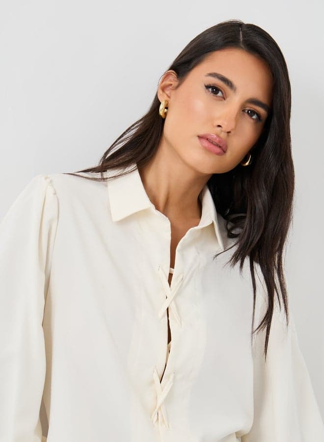 Solid Balloon Sleeve Front Tie-Up Shirt - Image 1